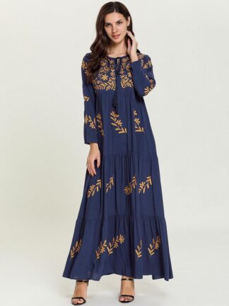 Купить Dubai Arab Muslim Maxi Dresses Women Abaya Embroidery Big Swing Loose Long Dress Arabian Islamic Clothing Kaftan Hijab Dress