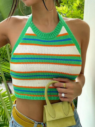 Купить Knitted Sweater Halter Ne Crop Tops for Women Fashion Striped Cute Baless Top Cropped Club Party Streetwearhigh quality