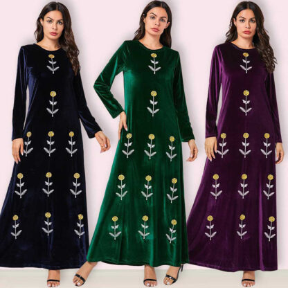 Купить Turkey Veet Muslim Dress Women Kaftan Floral Maxi Abaya Hijab Dresses Kimono Jubah Robe A-line Islamic Clothing Arabic Dress