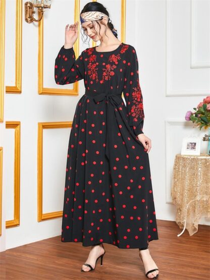 Купить fashion turkey arabic Dress Polka Dot Print Floral Embroidery Maxi Dresses Loose Muslim islamic Clothes Fall moroccan kaftan