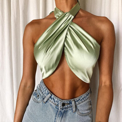 Купить Silky Satin Halter Sexy Baless Criss-Cross Crop Top for Women Sleeveless Summer Fashion Outfit Party Wrap Tophigh quality