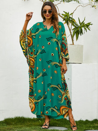Купить Summer Turkey Women Muslim Dress Print Bat Sleeve Moroccan Kaftan Loose Vestidos Party Beach Holiday Abaya Elegant Eid Caftan