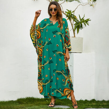 Купить Summer Turkey Women Muslim Dress Print Bat Sleeve Moroccan Kaftan Loose Vestidos Party Beach Holiday Abaya Elegant Eid Caftan