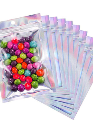 Купить 100 pieces Resealable Mylar Bags Holographic Color Multiple Size Smell Proof Bags Clear Zip ock Food Candy Storage Packing Bags
