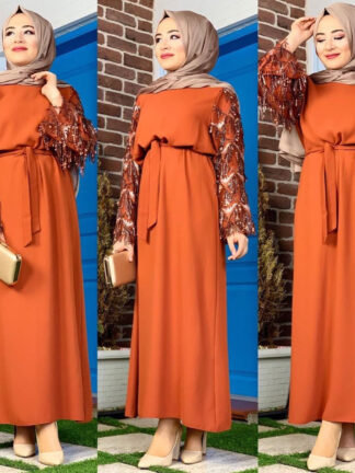 Купить Dubai Arab Kimono Muslim Hijab Dress Women Sequin Tassel Lace-up Big Swing Abaya Dresses Turkish Kaftan Robe Islamic Clothing