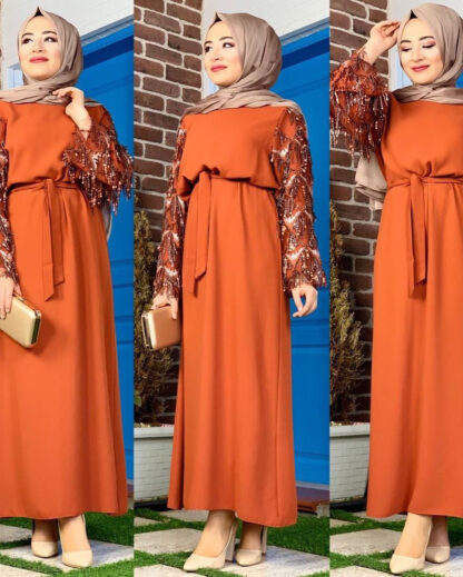 Купить Dubai Arab Kimono Muslim Hijab Dress Women Sequin Tassel Lace-up Big Swing Abaya Dresses Turkish Kaftan Robe Islamic Clothing