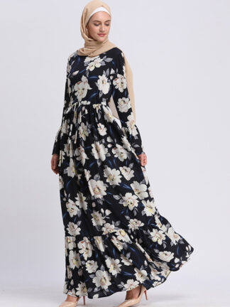 Купить Middle East Dubai Muslim Sweet Hijab Dress Women Print Floral Lace-up Big Swing Abaya Dresses Musulman Islamic Clothing Kimono