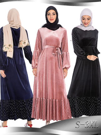 Купить Bronzing Veet Abaya Muslim Hijab Dress Spring Autumn Abayas for Women long Robe Dubai Ruffles Moroccan Kaftan Islamic Clothing