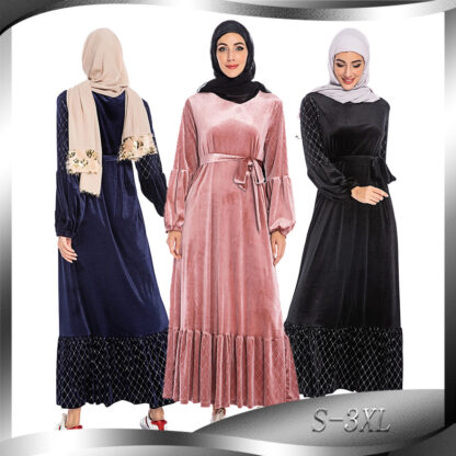 Купить Bronzing Veet Abaya Muslim Hijab Dress Spring Autumn Abayas for Women long Robe Dubai Ruffles Moroccan Kaftan Islamic Clothing