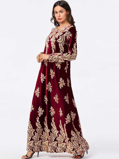 Купить Elegant Veet Muslim Dress Women Big Swing A-line Maxi Dress Kimono Jubah Long Robe Print Abaya Dresses Islamic Clothing Elbise
