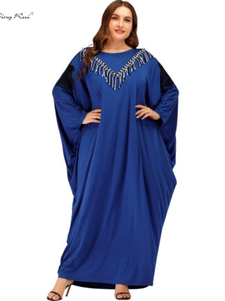 Купить Kalenmos 2021 Muslim Womens Dresses Bat-shaped Long Sleeve Bla and White Tassel Lace Applique Dubai Loose Large Swing Dress
