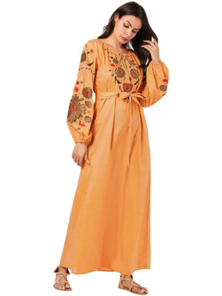 Купить Turkey Muslim Abaya Dress Women Embroidery Floral Lace-up Maxi Hijab Dresses Islamic Vestidos Kimono Moroccan Kaftan Arab Elbise
