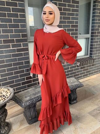 Купить Sweat Muslim Cascading Ruffle Dress Women Solid Color Lace-up Slim Maxi A-line Dresses Moroccak Kafan Elegant Vestidos Islamic