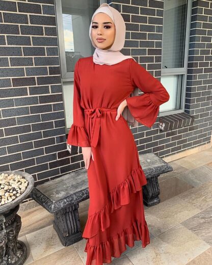 Купить Sweat Muslim Cascading Ruffle Dress Women Solid Color Lace-up Slim Maxi A-line Dresses Moroccak Kafan Elegant Vestidos Islamic