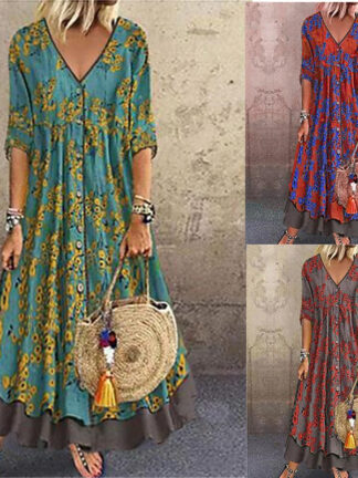 Купить New Spring French Style Women Casual Dress Muslim Kaftan Floral Print Maxi Vestidos Eid Mubarak Abaya Sundress Robe Plus Size