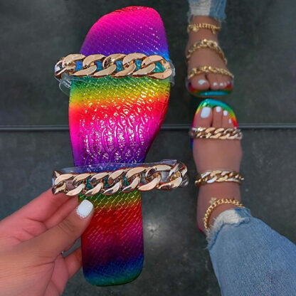 Купить 2021 summer new fashion sexy chain decoration transparent open-toed outdoor female slippers Plus size beach slippers For Women