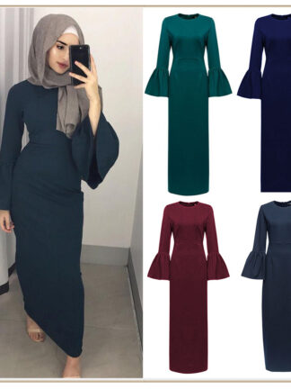 Купить Dubai Arab Muslim Fare Sleeve Hijab Dress Women Solid Color Slim Ankle-length Abaya Dresses Musulman Bottom Islamic Clothing