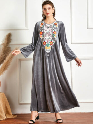 Купить Embroidery Muslim Veet Dress Women Winter Kaftan Jubah Long Robe Abaya Islamic Clothing Turkey Arabic Elegant Hijab Dresses