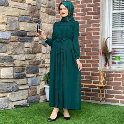 Купить KALENMOS Maxi Dress Fall 2021 New Solid O Ne Long Sleeve Elegant Dresses Chiffon Loose Belted Arabic Turkey Muslim Clothes Red