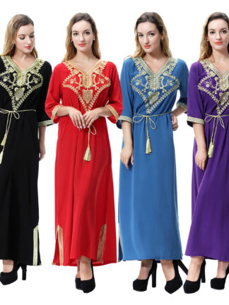 Купить Dubai Arab Muslim Dress Women Long Robe Moroccan Ethic Lace-up Maxi Hijab Dresses Kimono Kaftan Elbise Islamic Clothing Abaya