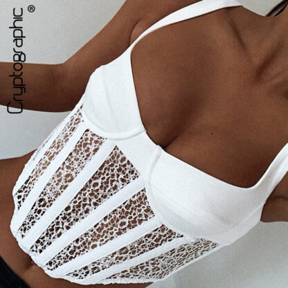 Купить Sleeveless Bustier Corset Top Female Lace Sheer Crop Top Baless Straps Cropped Feminino Vest Top Cropped Newhigh quality