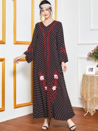 Купить Ethnic Embroidered Arabic Dresses Women Muslim Turkey islamic clothing Striped V Ne Long Sleeve 2021 Elegant Loose Maxi Dress