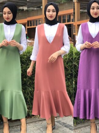 Купить Turkey Muslim Faux Two Piece Shirt Dress Fall 2021 Sweet Lady Fashion Islamic Arabic Ruffle Hem Long Sleeve Dresses Fresh Green