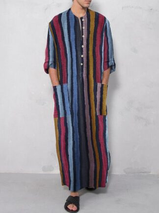 Купить Men Muslim Islamic Clothing Kaftan Arabic Striped Jubba Thobe Long Sleeve Button Men Robes Vintage Saudi Arabia Dubai Thobe 2021