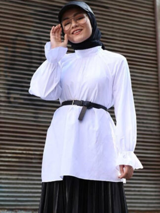 Купить White Shirt Muslim Women Blouse Turtlene Flare Sleeve Shirts Loose Plus Size Arabian Turkish Tops Female 2021 Moda Mujer Blusa