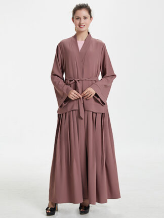 Купить Muslim Kimono Kaftan Abaya Dress Women Lace-up Ruffle Hijab Dress Outwear Long Robes Solid Color Dubai Arab Islamic Clothing