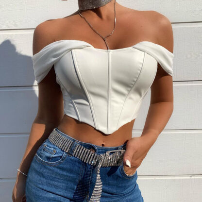 Купить PU leather Sexy Bustier Corset Top Off Shoulder Chiffon White Strapless Female Top Cropped Tops Women Clotheshigh quality
