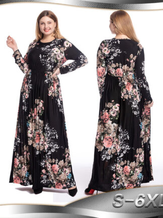 Купить Floral Print Muslim Hijab Dress Women Party Pleated Long Dresses Kaftan Dubai Abaya Clothing Kimono Jubah Robe Plus Size S-6XL