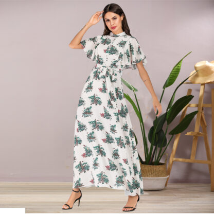 Купить Summer Muslim Dress Women Chiffon Abaya Musulman Moroccan Kaftan Print Floral Maxi Hijab Vestidos Islamic Ropa Djellaba Jilbab