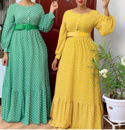 Купить Sweet Polka Dot Dress African Women Muslim Pleated Abaya Party Night Vestidos Belt Musulman African Plus Size Kaftan Abaya 2021