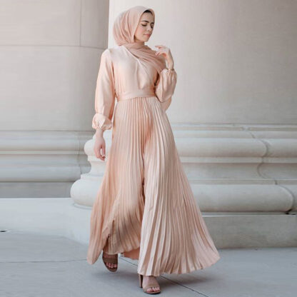 Купить KALENMOS Long Muslim Satin Dress Dubai Solid V Collar Full Sleeve Pleated Patchwork Swing Turkey Euro America Clothing Fall 2021