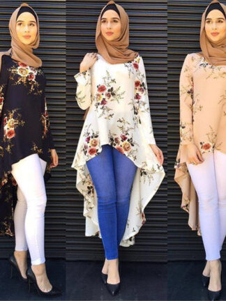 Купить Dubai Arab Muslim Blouse and Shirt Women Print Floral Asymmetry Hem Loose Hijab Tops Islam Dovetail Blouses Islamic Clothing