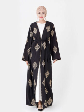 Купить Muslim Kimono Abaya Dress Women Embroidery Lace-up Caftan Outwear Long Robe Outwear Dubai Arab Kaftan Jubah Islamic Clothing