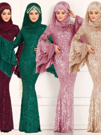 Купить Muslim Dress Women Sequin Butterfly Sleeve Mermaid Party Slim Bodycon Dubai Arab Turkey Africa Islamic Clothing Maxi Vestidos
