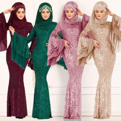 Купить Muslim Dress Women Sequin Butterfly Sleeve Mermaid Party Slim Bodycon Dubai Arab Turkey Africa Islamic Clothing Maxi Vestidos