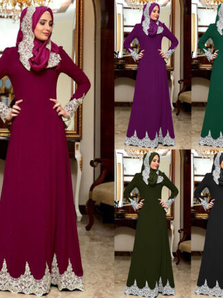Купить Vintage Muslim Dress Women Slim Fit Long Sleeve Maxi Hijab Dresses Islamic Clothing Big Swing A-line Abaya Dress Dubai Kimono