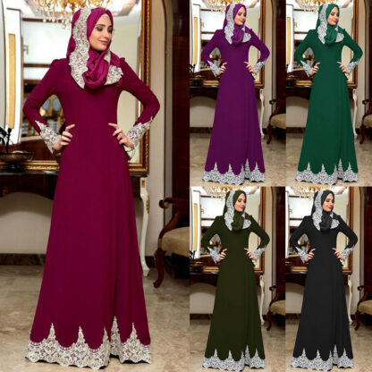 Купить Vintage Muslim Dress Women Slim Fit Long Sleeve Maxi Hijab Dresses Islamic Clothing Big Swing A-line Abaya Dress Dubai Kimono