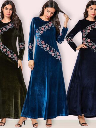 Купить Elegant Veet Muslim Dress Women Embroidery Floral Big Swing A-line Maxi Dress Kimono Long Robe Abaya Dresses Islamic Clothing