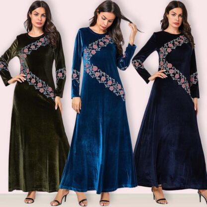 Купить Elegant Veet Muslim Dress Women Embroidery Floral Big Swing A-line Maxi Dress Kimono Long Robe Abaya Dresses Islamic Clothing