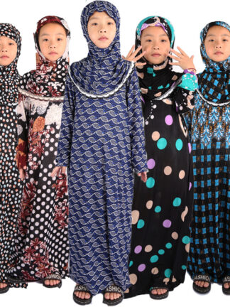 Купить Ramadan Muslim Girls Abaya Dress Kids Floral Jilbab Robe with Hijab Islamic Clothing Moroccan Kaftan Children Dresses Vestidos