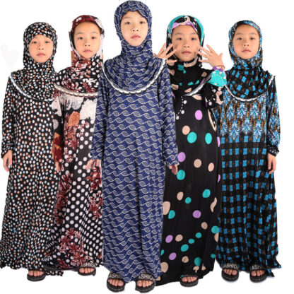 Купить Ramadan Muslim Girls Abaya Dress Kids Floral Jilbab Robe with Hijab Islamic Clothing Moroccan Kaftan Children Dresses Vestidos