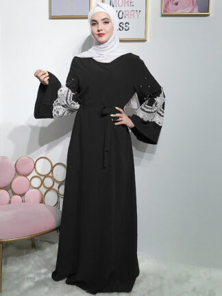 Купить Middle East Muslim Sweet Abaya Dress Women Beading Lace-up A-line Maxi Long Dress Musulman Kimono Caftan Dubai Hijab Dresses