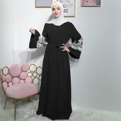 Купить Middle East Muslim Sweet Abaya Dress Women Beading Lace-up A-line Maxi Long Dress Musulman Kimono Caftan Dubai Hijab Dresses