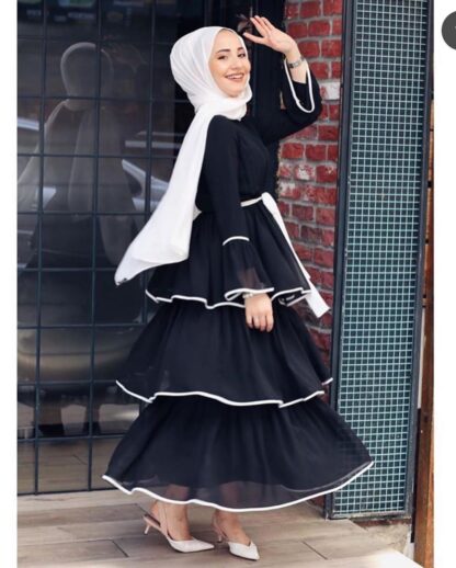 Купить Dubai Islam Muslim Sweet Cake Dress Women Flare Sleeve Lace-up Multi-layer Pleated Cupcake Dresses Ankle-length Islamic Clothing