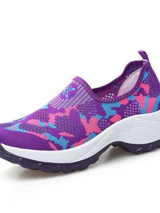 Купить Womens Mesh Solid Color Printing Round Toe Mid-slope Heel Non-slip Comfortable Fashion Sweet Casual Travel Sneakers 5KE027