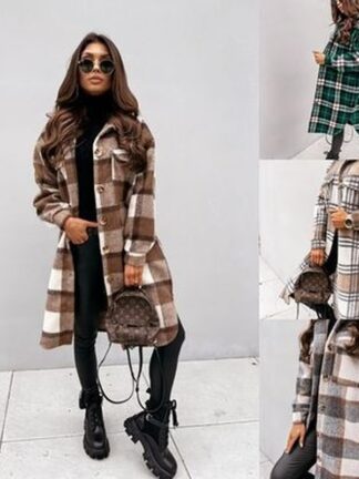 Купить Kalenmos Streetwear-style Long-sleeved Plaid Print Wool Coat Women Shirt Lapel Straight Single-breasted Coats and Jaets Woman